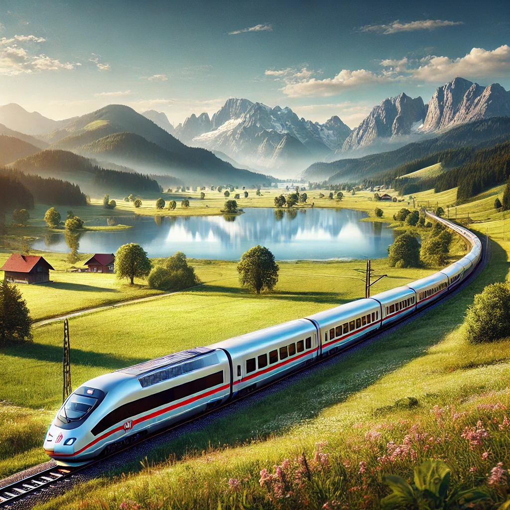 Bild von Zug mit roten DB-Streifen in malerischer Landschaft mit See (KI generiert)