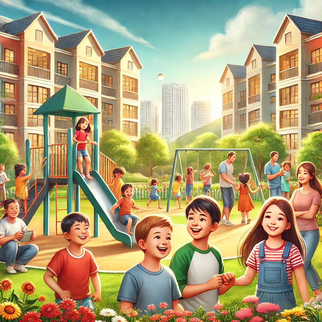 Symbolbild mit Kindern die auf einem Spieplatz glücklich spielen (KI generiert)